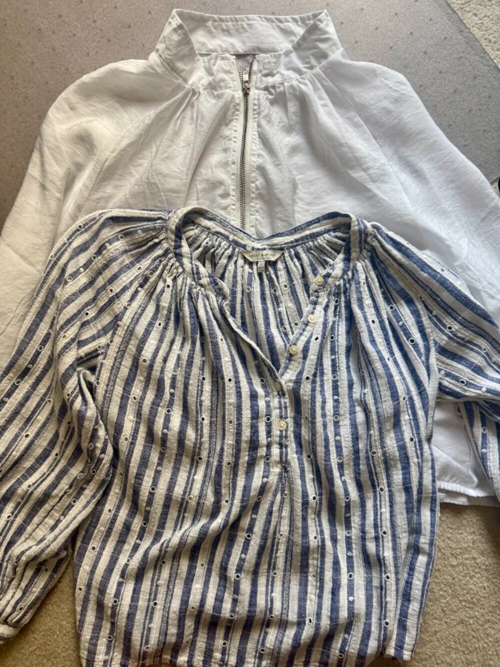LUCKY BRAND striped baggy shirt + No Brand gauze white blouson jacket size XS-S